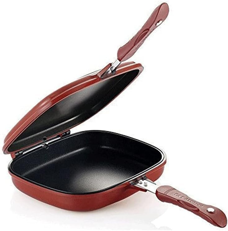 SHOPOBOX Double Sided Ceramic Coated, Magic Pan Gas Grill Fryer Pan, Flip Pan, Dishwasher Safe, (JumboSquared Grill) 28cm Strong Magnetic Handles, Silicone Gasket, Oil Tray - Image 1