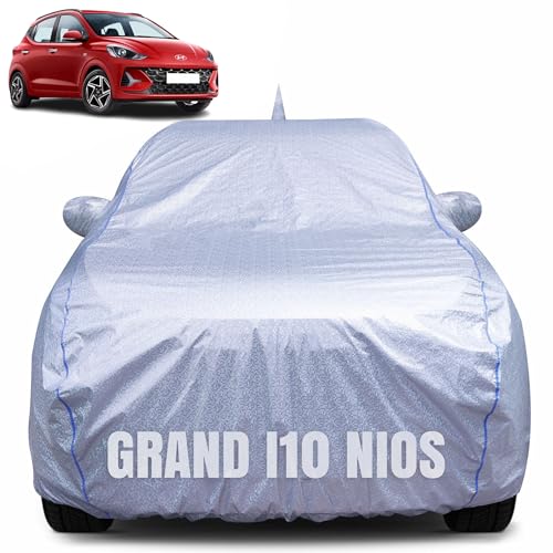 CABIUS 100% Waterproof Car Body Cover for Hyundai Grand i10 Nios (2019-2025) with Mirror Pocket, Heat & UV Resistant, Triple Stitched, Soft Lining, Bottom Elastic & Piping (Silver Reflective) - Image 1