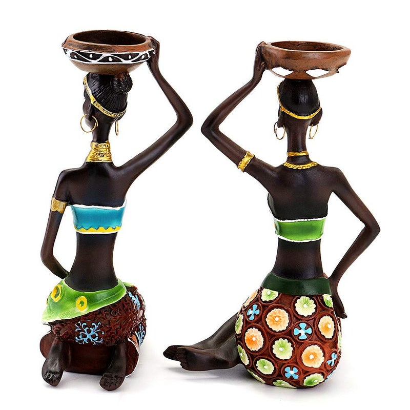Rayberro 2 Pack African Women Sculpture,8.5in Black Tribal Lady Figure Figurine Candle Holder African American Women Statue Collectible Art Crafts Home Centerpieces Tabletop Ornaments Decoration Candleholder - Image 5