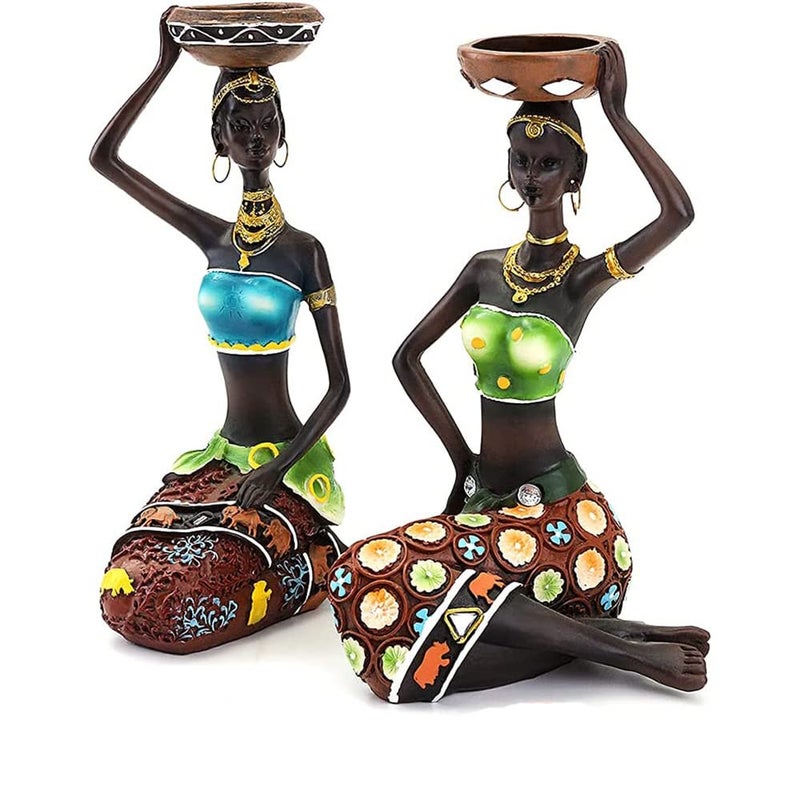Rayberro 2 Pack African Women Sculpture,8.5in Black Tribal Lady Figure Figurine Candle Holder African American Women Statue Collectible Art Crafts Home Centerpieces Tabletop Ornaments Decoration Candleholder - Image 3