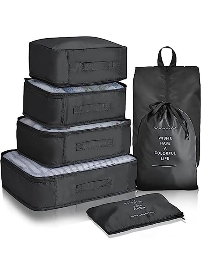 يلا جوي مجموعة من 7 منظمات تعبئة للسفر لتوفير المساحة، مكعبات تعبئة، منظمات أمتعة يسهل العثور عليها، إكسسوارات سفر متينة، منظمات أمتعة مصنوعة من قماش نايلون أسود مطور - Image 1