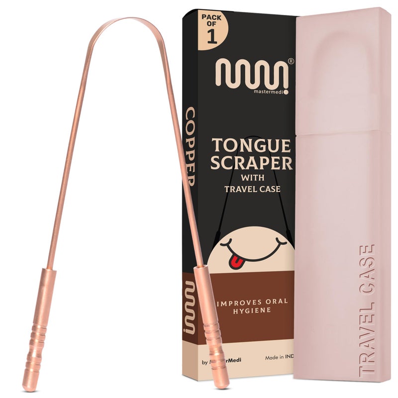 MasterMedi Pure Copper Tongue Scraper for Adults, Tongue Scrubber for Bad Breath, Easy to Use, Tongue Cleaner for Oral Care & Hygiene (Copper Pack of 1 With Case) - Image 1