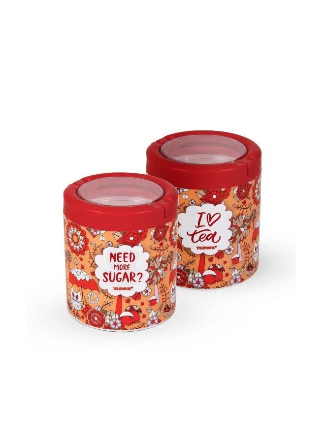 TRUEWARE Lift up Sugar Tea Container | Set of 2 | Red | Tea, Sugar Container | Tea, Sugar Canister | Tea, Sugar Jar | 750 ML Each | Air tight | BPA Free | 100% Food Grade Plastic Body | Odour Proof | Kitchen Storage | Kitchen accesseroies | Kitchen Jar - Image 1
