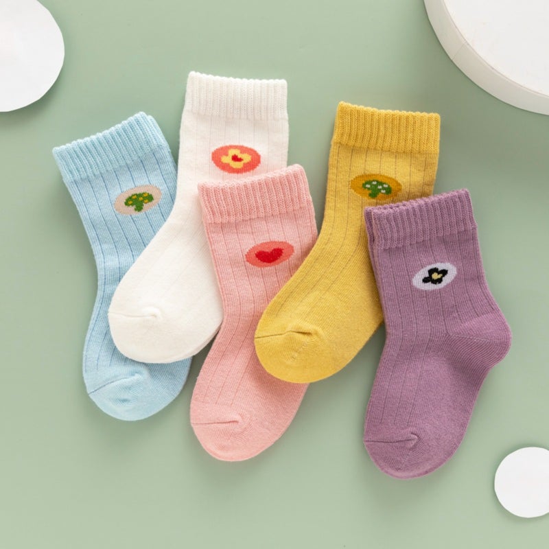 Autumn and winter children's cotton socks baby socks, medium tube socks set for boys and girls (five pairs, size M, suitable for 1-3 years old) - Image 4