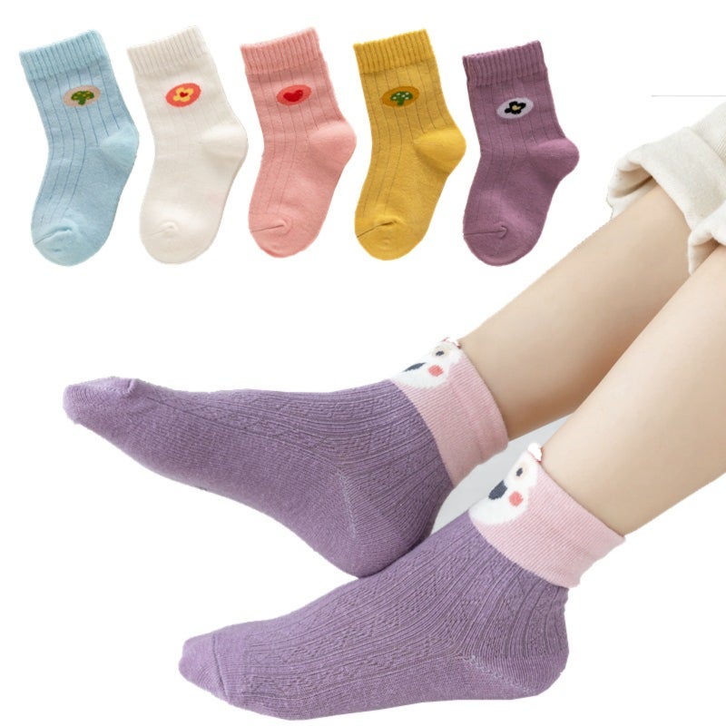 Autumn and winter children's cotton socks baby socks, medium tube socks set for boys and girls (five pairs, size M, suitable for 1-3 years old) - Image 1