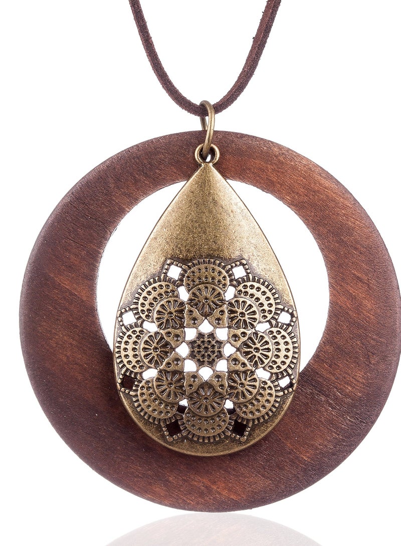 Handmade Women's Wooden Pendant Necklace, Vintage Style Long Rope Sweater Chain Jewelry Gift for Her, Waterdrop Alloy Pendant, Perfect for Any Occasion.  - Image 1