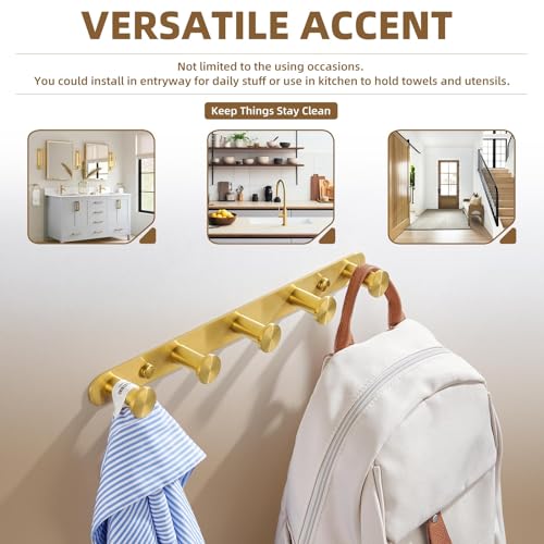 Angle Simple Towel Hook Rack Brushed Gold, SUS304 Stainless Steel Bathroom Hook Rail 5 Hooks, Utility Kitchen Towel Holder, Wall Mount - Image 2