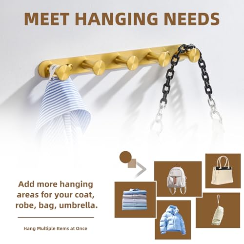 Angle Simple Towel Hook Rack Brushed Gold, SUS304 Stainless Steel Bathroom Hook Rail 5 Hooks, Utility Kitchen Towel Holder, Wall Mount - Image 4