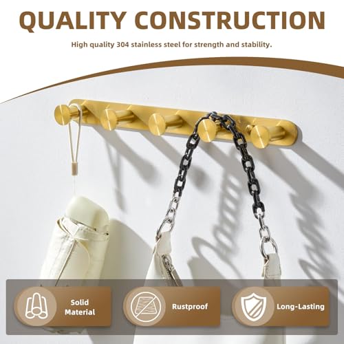 Angle Simple Towel Hook Rack Brushed Gold, SUS304 Stainless Steel Bathroom Hook Rail 5 Hooks, Utility Kitchen Towel Holder, Wall Mount - Image 3