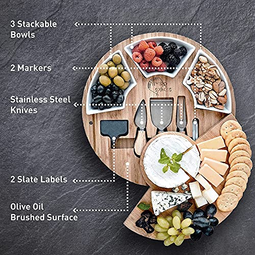IKTU Bamboo Cheese Board Set, Serving Tray and Cheese Serving Platter, Round Cheese Board and Cheese Knife Set Tray - Image 5