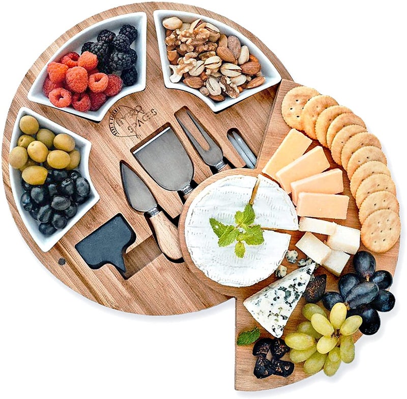IKTU Bamboo Cheese Board Set, Serving Tray and Cheese Serving Platter, Round Cheese Board and Cheese Knife Set Tray - Image 1