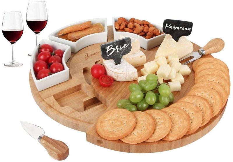 IKTU Bamboo Cheese Board Set, Serving Tray and Cheese Serving Platter, Round Cheese Board and Cheese Knife Set Tray - Image 3