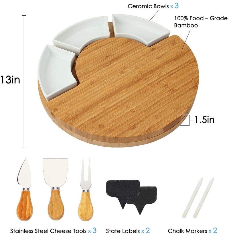 IKTU Bamboo Cheese Board Set, Serving Tray and Cheese Serving Platter, Round Cheese Board and Cheese Knife Set Tray - Image 2