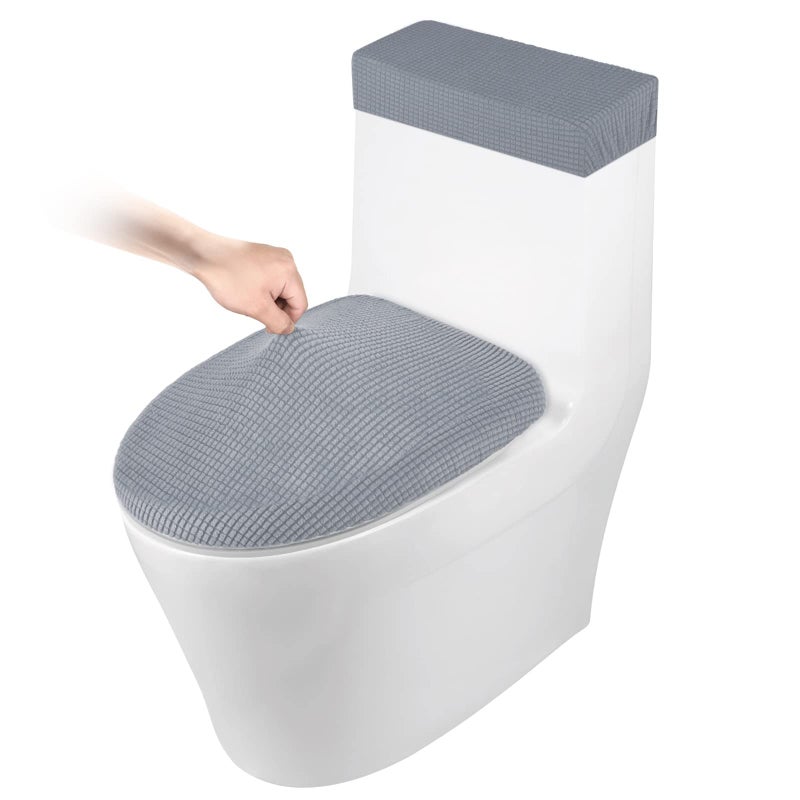 Toilet Lid Cover and Toilet Tank Cover Stretch Toilet Covers Set for Bathroom Polyester Spandex Jacquard Fabric Machine Washable with Elastic Bottom Light Gray