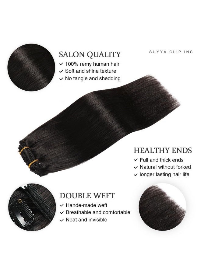 SUYYA Clip In Hair Extensions Real Human Hair16 Inch 120G 7Pcs Hair Extensions Clip Ins Straight Human Hair Extensions Clip Ins Double Weft Natural Black Human Hair Clip Ins(16 Inches 1B Off Black)  - Image 4