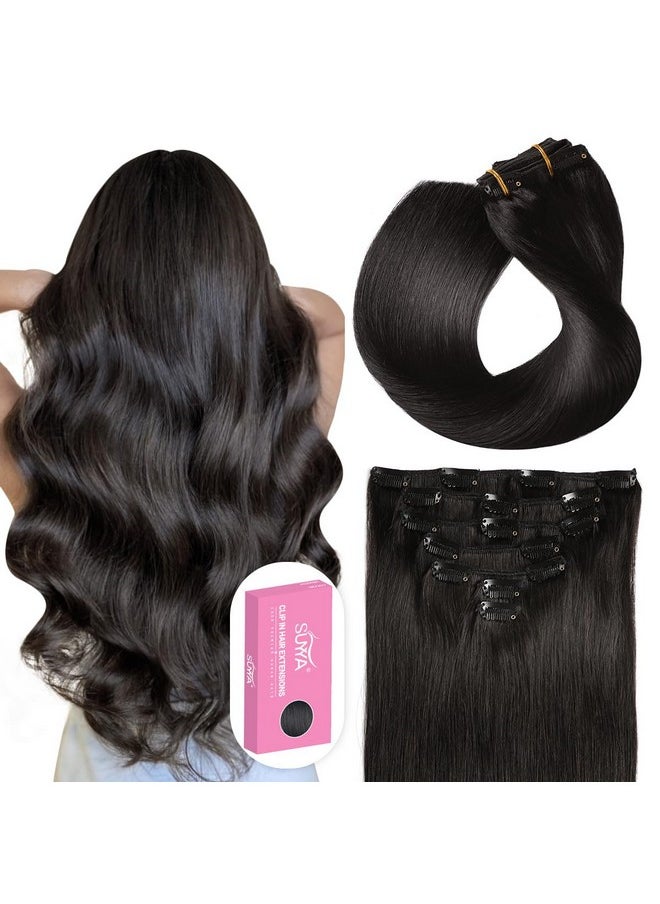 SUYYA Clip In Hair Extensions Real Human Hair16 Inch 120G 7Pcs Hair Extensions Clip Ins Straight Human Hair Extensions Clip Ins Double Weft Natural Black Human Hair Clip Ins(16 Inches 1B Off Black)  - Image 2