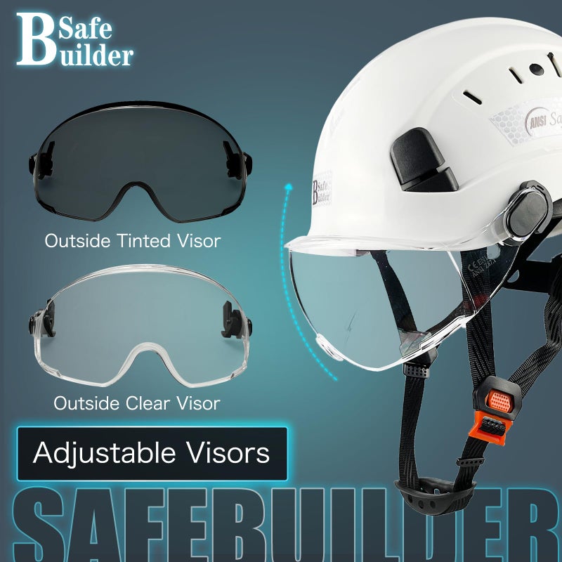 SAFEBUILDER خوذة أمان Safebuilder قبعة صلبة مع قناع قابل للتعديل وخفيفة الوزن بفتحات تهوية للعمل Ansi Z89.1 معتمدة مثالية للصناعة والبناء (01-قبعة بيضاء مع قناع شفاف) - Image 5