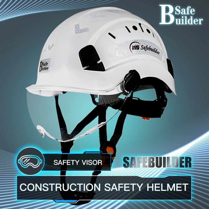 SAFEBUILDER خوذة أمان Safebuilder قبعة صلبة مع قناع قابل للتعديل وخفيفة الوزن بفتحات تهوية للعمل Ansi Z89.1 معتمدة مثالية للصناعة والبناء (01-قبعة بيضاء مع قناع شفاف) - Image 2