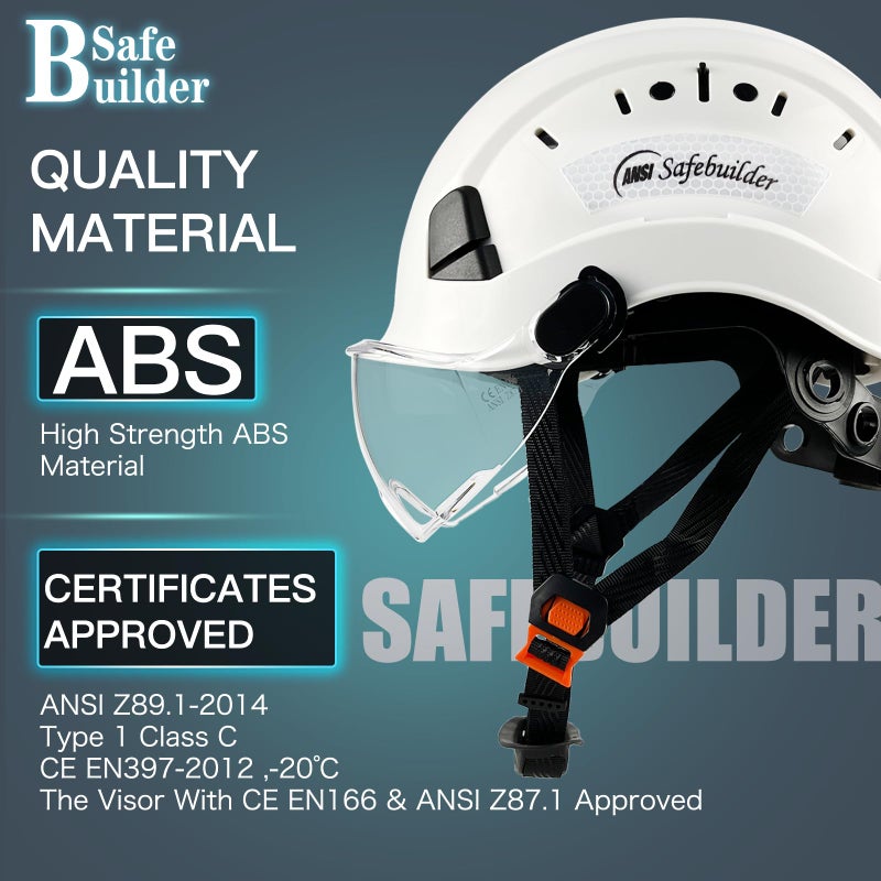 SAFEBUILDER خوذة أمان Safebuilder قبعة صلبة مع قناع قابل للتعديل وخفيفة الوزن بفتحات تهوية للعمل Ansi Z89.1 معتمدة مثالية للصناعة والبناء (01-قبعة بيضاء مع قناع شفاف) - Image 3