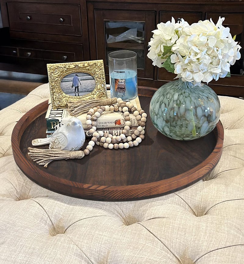Gurfuy 20" Rustic Wooden Serving Tray - Extra Large Round Ottoman Table Tray for Farmhouse Decorative Oversized Coffee Table Trays Living Room Kitchen Counter Breakfast Brown - Image 4