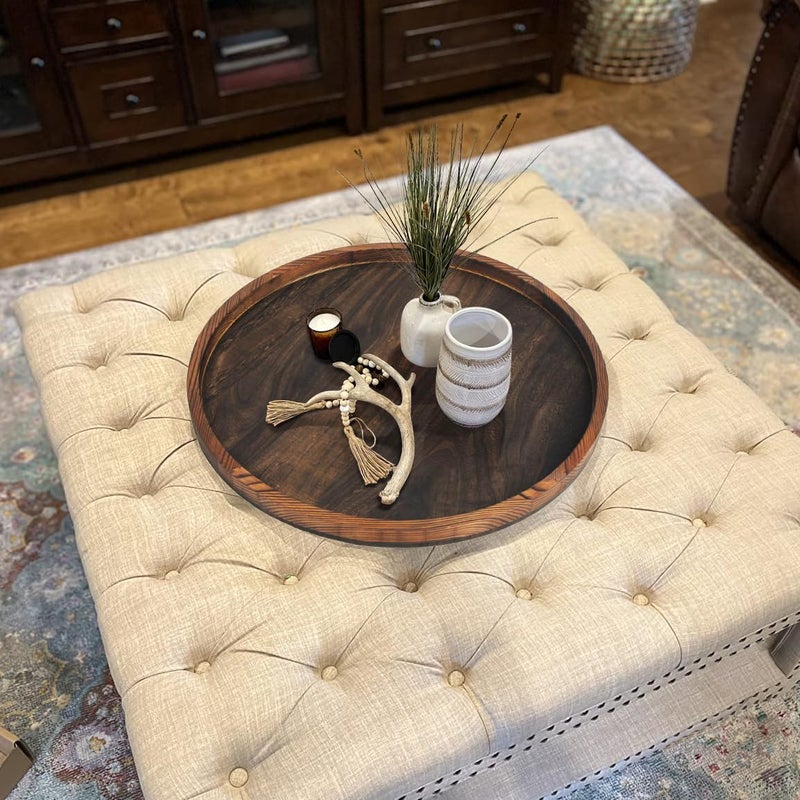 Gurfuy 20" Rustic Wooden Serving Tray - Extra Large Round Ottoman Table Tray for Farmhouse Decorative Oversized Coffee Table Trays Living Room Kitchen Counter Breakfast Brown - Image 5