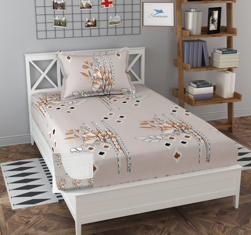 Soniasaa 308 TC Cotton Feel All Around Elastic Fitted Bedsheet, Elastic Fitted Bedsheet Single Size Bedsheet for Single Bed with 1 Pillow Cover, Size - 72 x 36 x 8 Inche Color - Image 1
