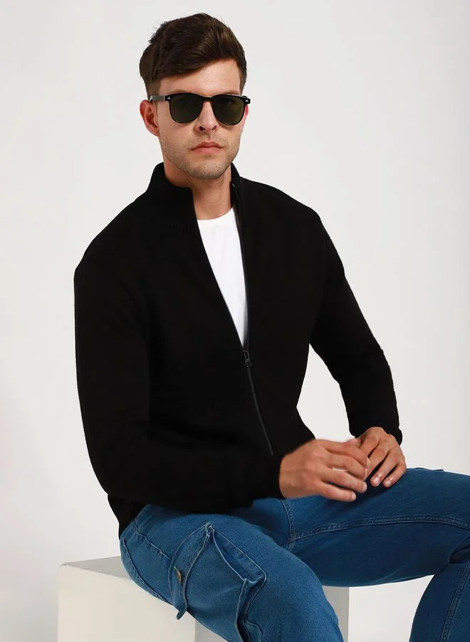 Dennis Lingo Mock Neck Slim Fit Cardigan with Front Zip by Styli