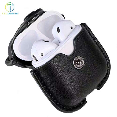 T Teclusive Ultra Luxury Protective Leather Case Cover Compatible for Airpods 2 with Metal Hook (Black) - Image 5
