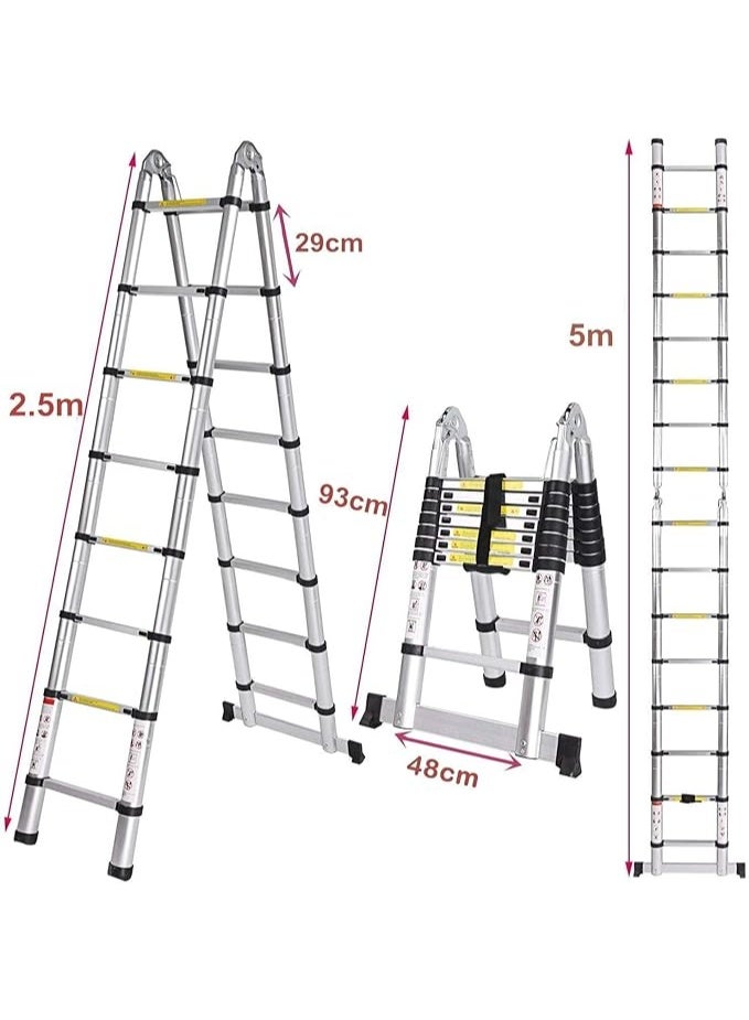 5M Telescopic Aluminium Ladder – Foldable and Extendable Ladder – Heavy Duty with 150kg Max Load – Silver - Image 2