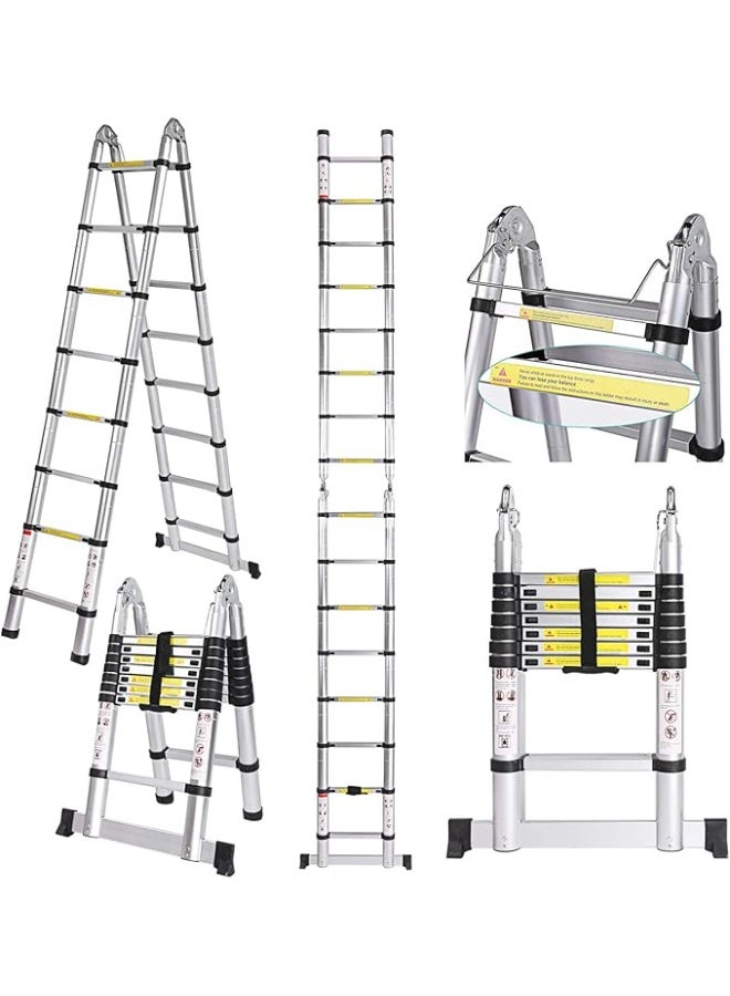 5M Telescopic Aluminium Ladder – Foldable and Extendable Ladder – Heavy Duty with 150kg Max Load – Silver - Image 1