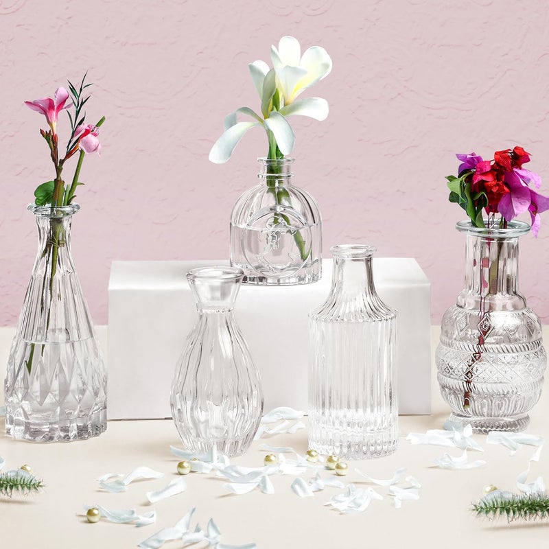 ABOUT SPACE Glass Bud Flower Vase – Pack of 5 Clear Glass Centrepiece for Mini Flowers-Antique Collections for Wedding Decorations Sturdy Textured Drop Shape Table Top Decor for Home, Restaurants - Image 1