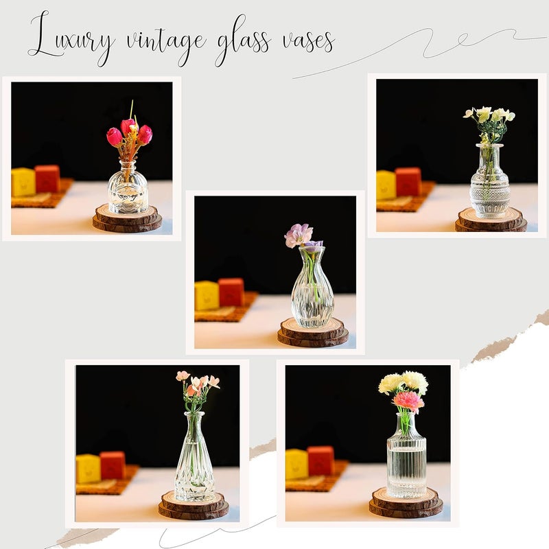 ABOUT SPACE Glass Bud Flower Vase – Pack of 5 Clear Glass Centrepiece for Mini Flowers-Antique Collections for Wedding Decorations Sturdy Textured Drop Shape Table Top Decor for Home, Restaurants - Image 4