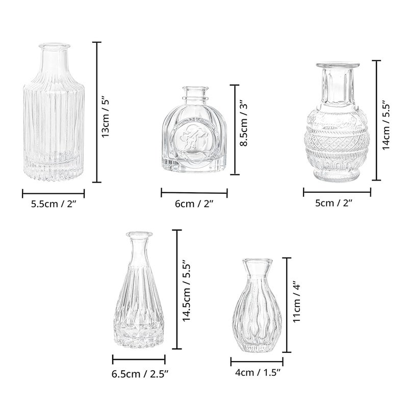 ABOUT SPACE Glass Bud Flower Vase – Pack of 5 Clear Glass Centrepiece for Mini Flowers-Antique Collections for Wedding Decorations Sturdy Textured Drop Shape Table Top Decor for Home, Restaurants - Image 2