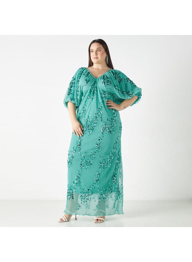 2Xtremz 2Xtremz Sequin Embellished Textured Maxi Dress with V-neck and Volume Sleeves  - Image 2