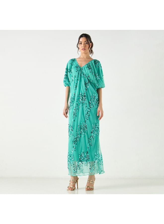 2Xtremz 2Xtremz Sequin Embellished Textured Maxi Dress with V-neck and Volume Sleeves  - Image 1