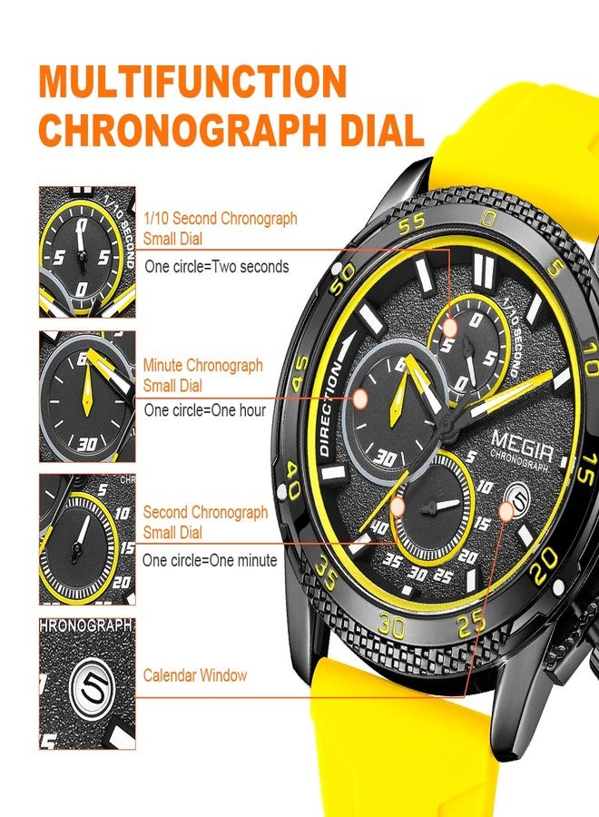MEGIR Men's Sports Analogue Chronograph Luminous Quartz Watches with Stylish Silicone Strap for Gifts 2211, Yellow - Image 5