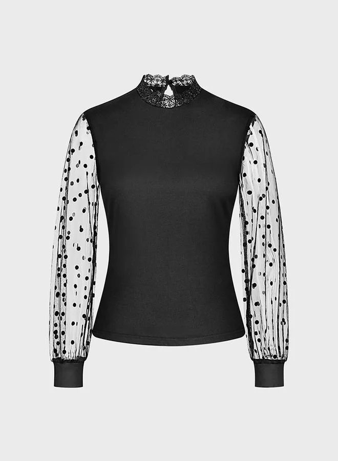 Take Two Black Polka Dot Mesh Sleeve Stand Collar Top