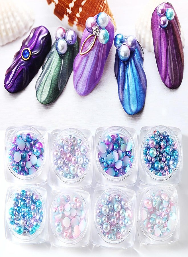 SILPECWEE 8 Boxes Mermaid Nail Pearls Iridescent Circular&Semi Circular Nail Art Pearl 3D Flat Back Pearl Nail Charms Pearls Beads Acrylic Nail Decorations for DIY Nails Accessories - Image 1