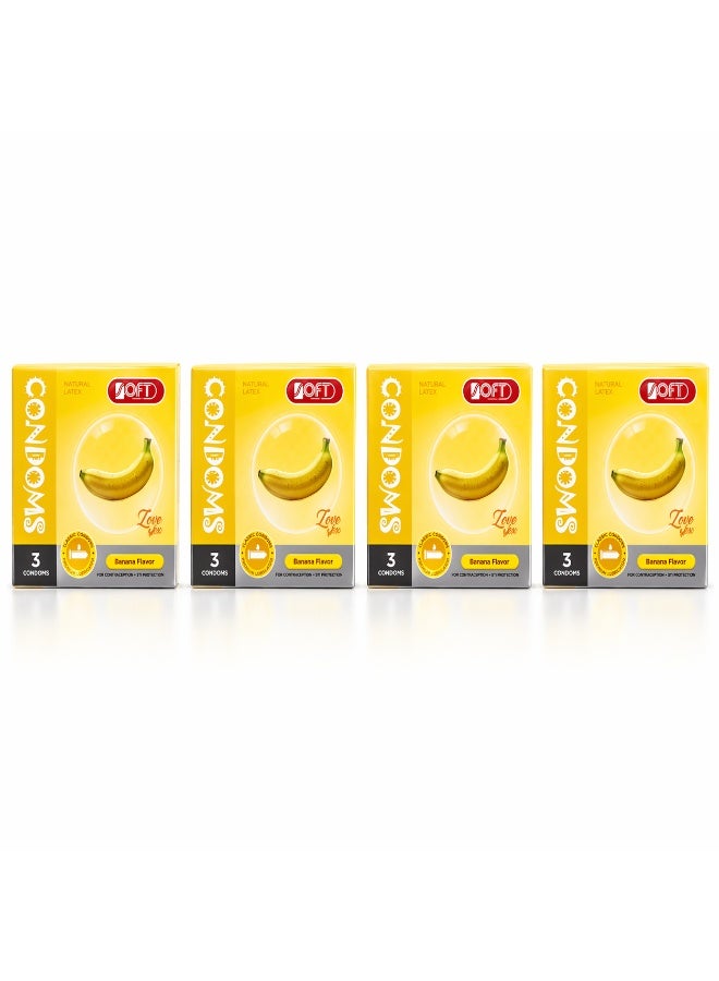 سوفت واقي ذكري بنكهة الموز من SOFT Medical – 4 عبوات × 3 قطع، لاتكس طبيعي، كلاسيك مزلق، للاستخدام الشخصي للبالغين - Image 4
