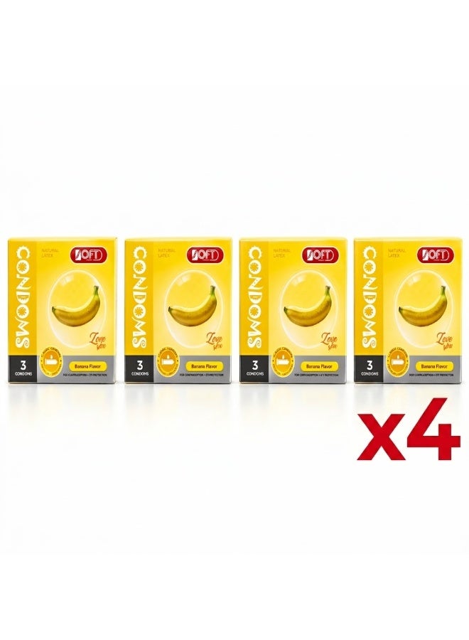 سوفت واقي ذكري بنكهة الموز من SOFT Medical – 4 عبوات × 3 قطع، لاتكس طبيعي، كلاسيك مزلق، للاستخدام الشخصي للبالغين - Image 1