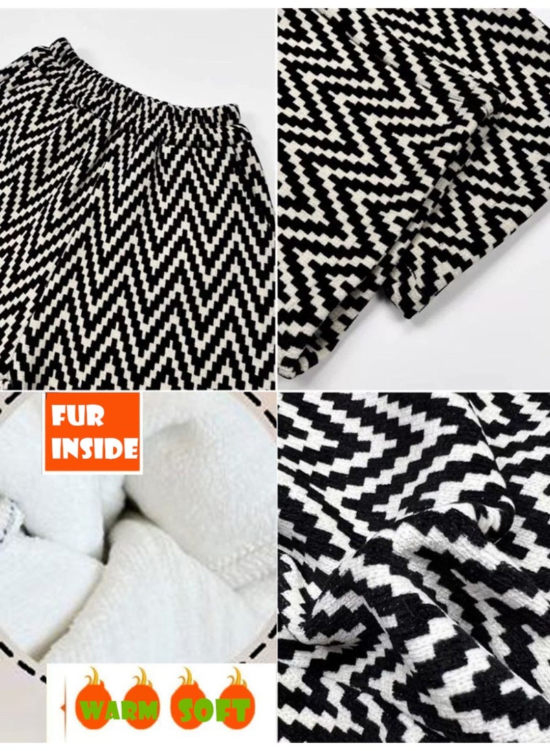 ويني بي بنطلون من قماش مخملي مبطن بالصوف للفتيات بطبعة موجات هندسية باللونين الأبيض والأسود لفصل الشتاء - Image 5