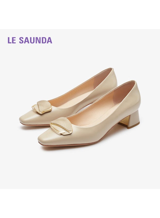 Le Saunda Elegant Commuting Solid Color Square Head Buckle Shallow Mouth Sheepskin Thick Mid-heel Women's Single Shoes 41007 Deep Beige Bdk 36 - Image 1