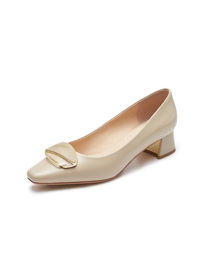 Le Saunda Elegant Commuting Solid Color Square Head Buckle Shallow Mouth Sheepskin Thick Mid-heel Women's Single Shoes 41007 Deep Beige Bdk 36 - Image 3