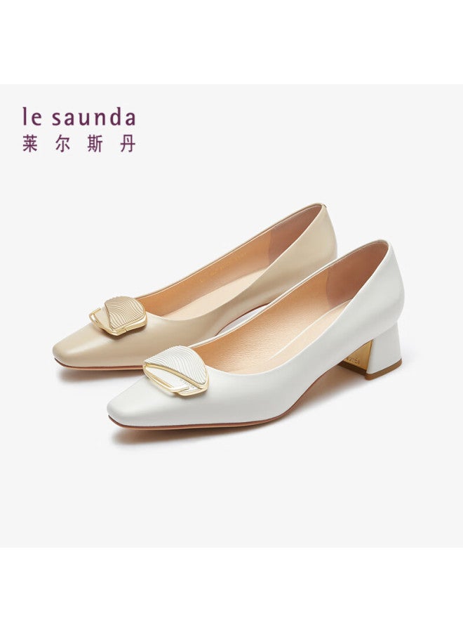 Le Saunda Elegant Commuting Solid Color Square Head Buckle Shallow Mouth Sheepskin Thick Mid-heel Women's Single Shoes 41007 Deep Beige Bdk 36 - Image 2