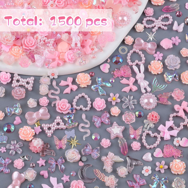 editTime 1500Pcs 3D Nail Charms for Acrylic Nails, Resin Butterfly Flower Star Heart Bow Charms Flatback Pearls Rhinestone Metal Gems Charm for Nail Art Design DIY Crafts (1500Pcs-Pink) - Image 3