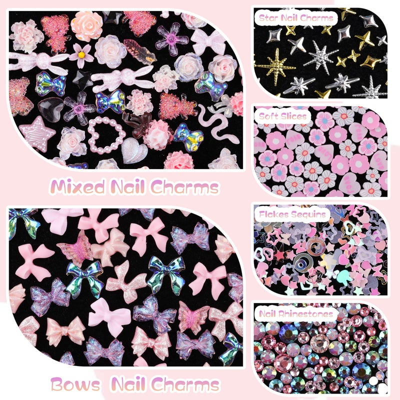 editTime 1500Pcs 3D Nail Charms for Acrylic Nails, Resin Butterfly Flower Star Heart Bow Charms Flatback Pearls Rhinestone Metal Gems Charm for Nail Art Design DIY Crafts (1500Pcs-Pink) - Image 4