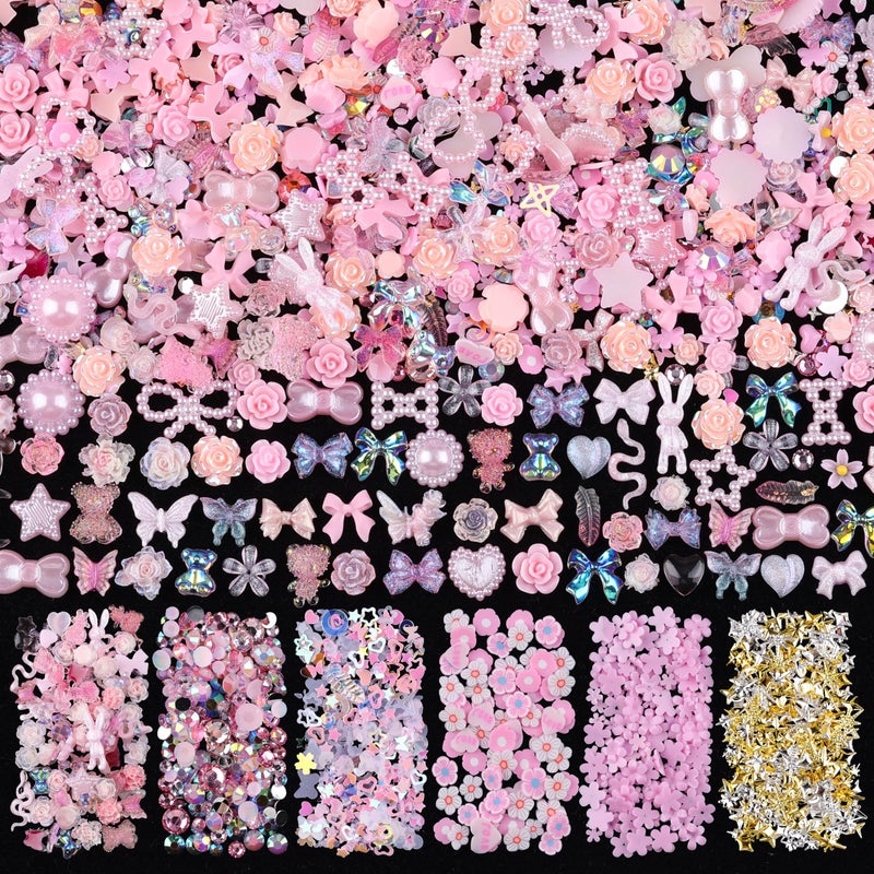 editTime 1500Pcs 3D Nail Charms for Acrylic Nails, Resin Butterfly Flower Star Heart Bow Charms Flatback Pearls Rhinestone Metal Gems Charm for Nail Art Design DIY Crafts (1500Pcs-Pink) - Image 1