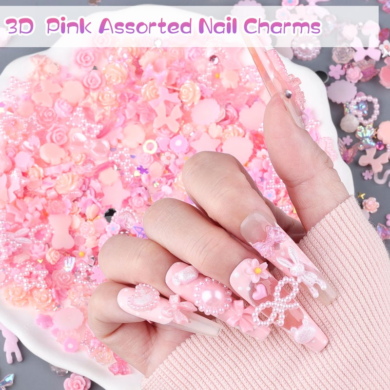 editTime 1500Pcs 3D Nail Charms for Acrylic Nails, Resin Butterfly Flower Star Heart Bow Charms Flatback Pearls Rhinestone Metal Gems Charm for Nail Art Design DIY Crafts (1500Pcs-Pink) - Image 5