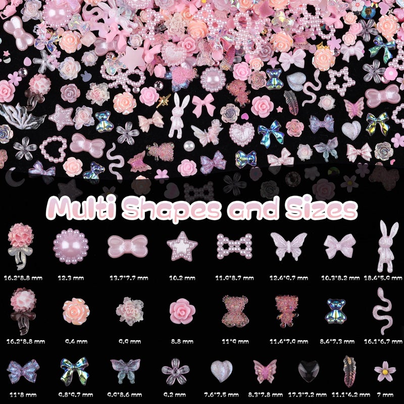 editTime 1500Pcs 3D Nail Charms for Acrylic Nails, Resin Butterfly Flower Star Heart Bow Charms Flatback Pearls Rhinestone Metal Gems Charm for Nail Art Design DIY Crafts (1500Pcs-Pink) - Image 2