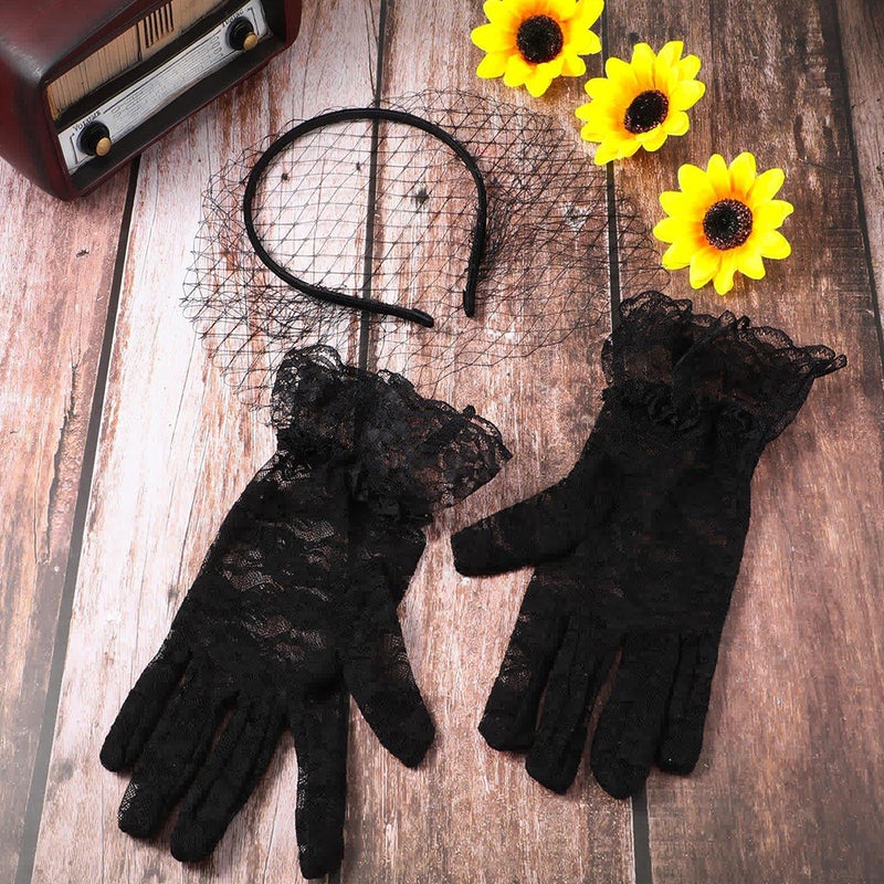 1 Set Veil Mesh Headband Short Lace Gloves Floral Lace Gloves Mesh Headdress for Woman Girl - Image 3